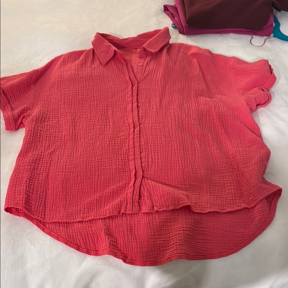 Orange and Pink Boxy Button Down Shirt with Peter Pan Collar